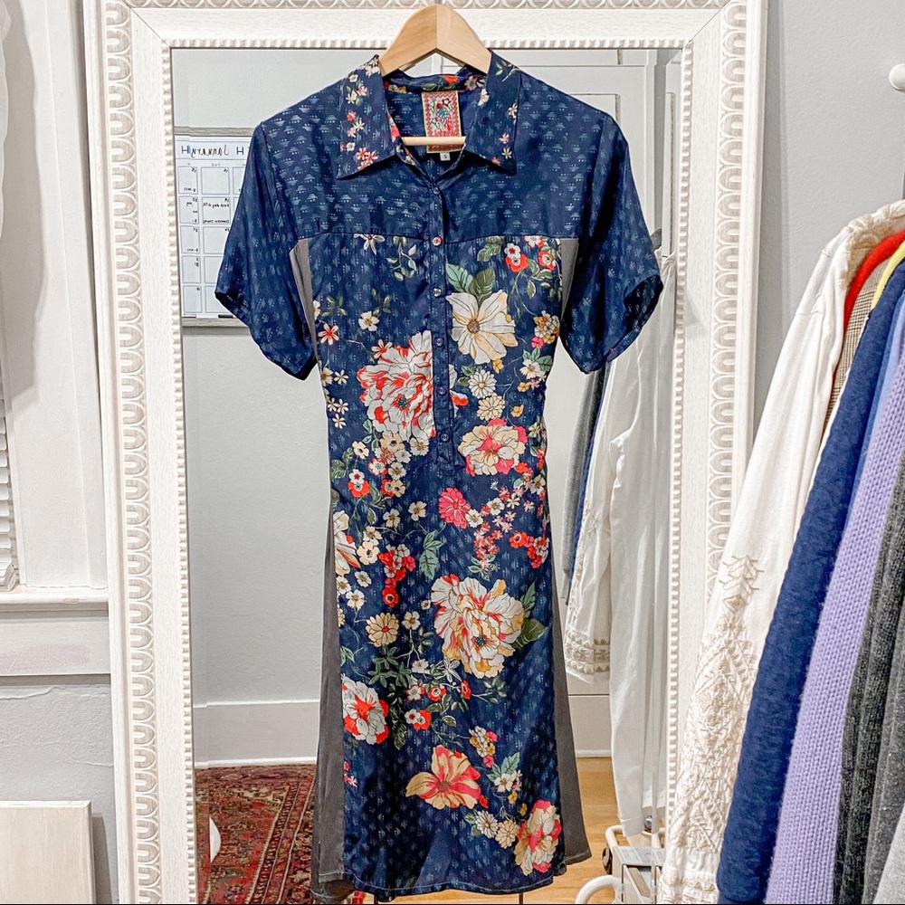 Johnny Was Short Sleeve Blue Floral Boho Dress